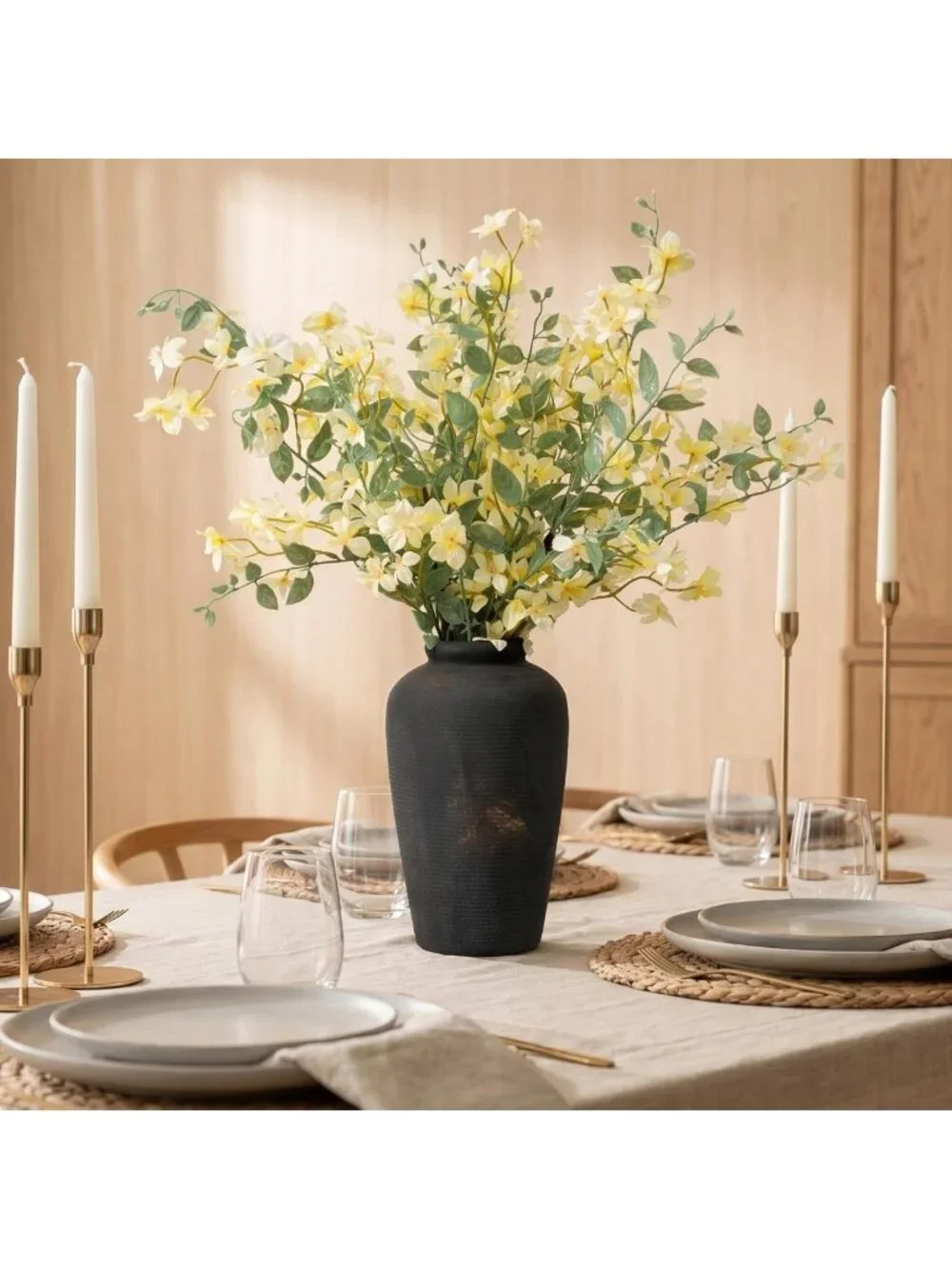 Large Matte Black Vintage Ceramic Flower Vase - Distressed Bronze Farmhouse